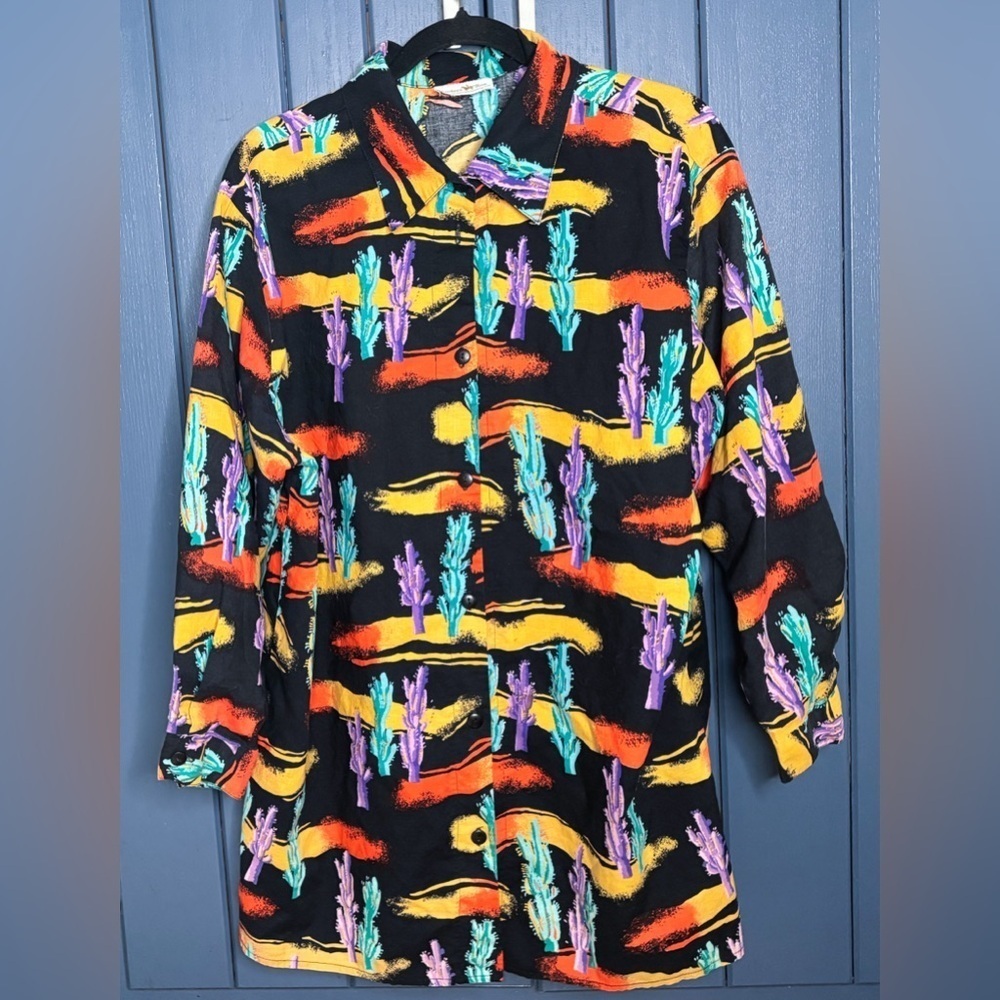 Womens Vintage Cactus Button Down Shirt 2X 3X Southwestern Cowgirl Cowboy 80s